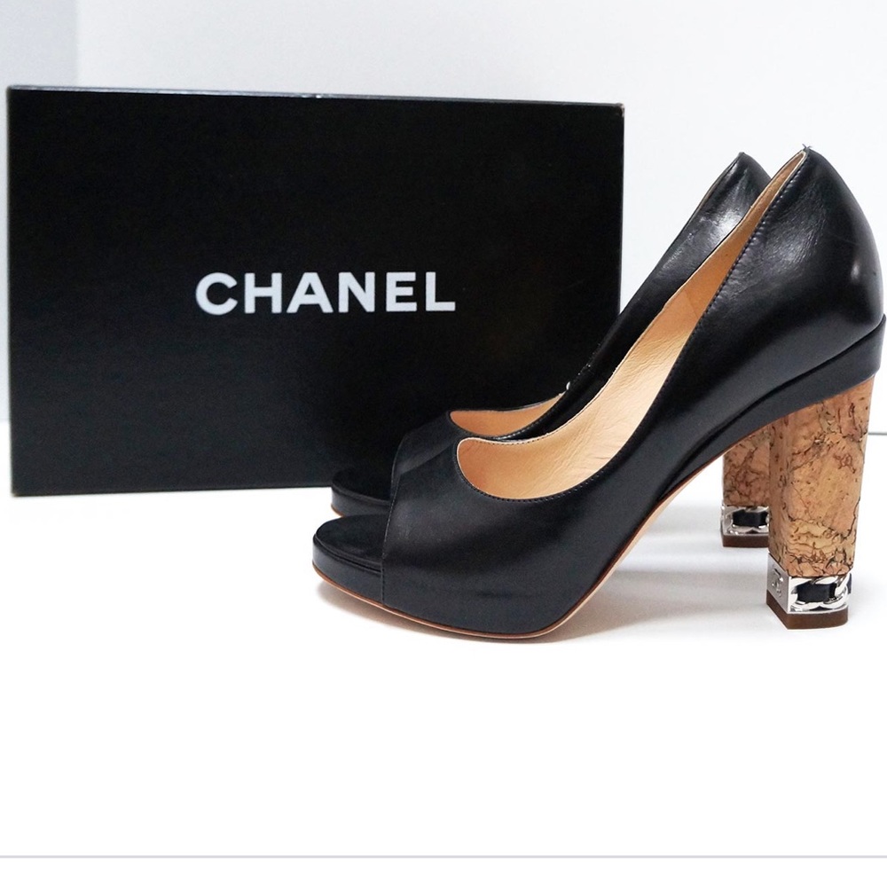 NWB! CHANEL BLACK LEATHER PEEP TOE CORK HEEL PUMPS